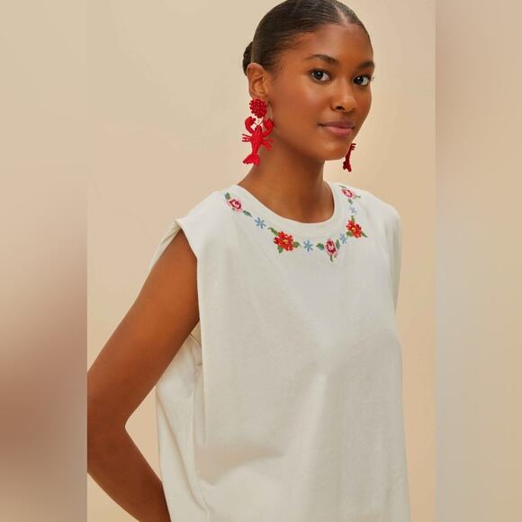 FARM Rio Tops - Farm Rio Off-White Cross Stitch Flowers Organic Cotton T-Shirt L